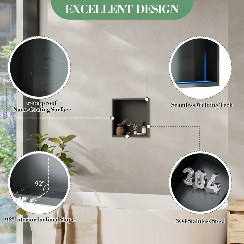 Nicchia Doccia Garvee in Acciaio Inox 30,5x30,5 cm Nero per Bagno Moderno, Drenaggio Ottimale, Facile Installazione, Design Elegante