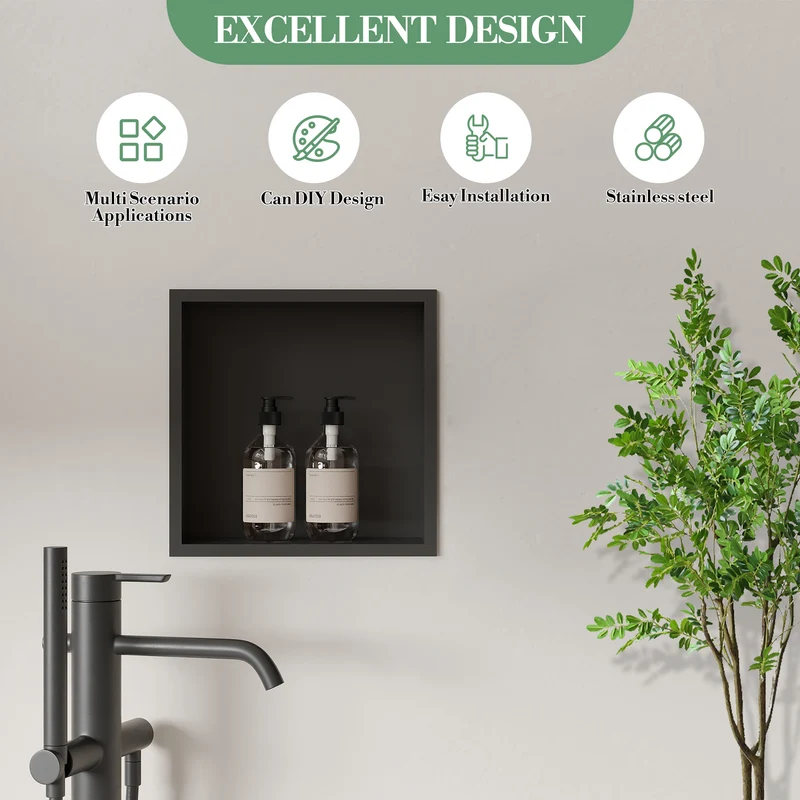 Nicchia Doccia Garvee in Acciaio Inox 30,5x30,5 cm Nero per Bagno Moderno, Drenaggio Ottimale, Facile Installazione, Design Elegante