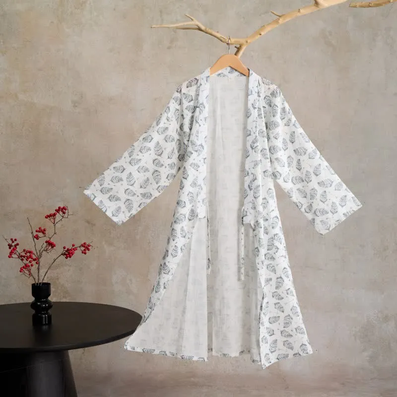 Kimono-Bademantel aus Baumwolle mit Blattpfeil-Motiv