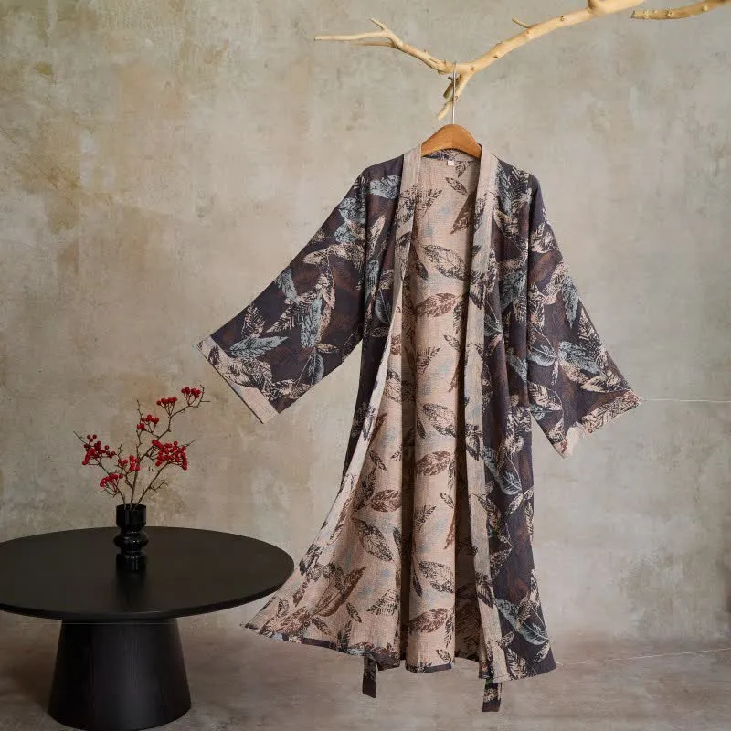 Kimono-Bademantel aus Baumwollgaze mit Blattjacquardmuster