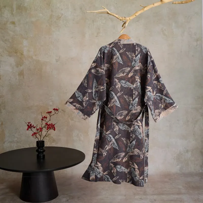 Kimono-Bademantel aus Baumwollgaze mit Blattjacquardmuster
