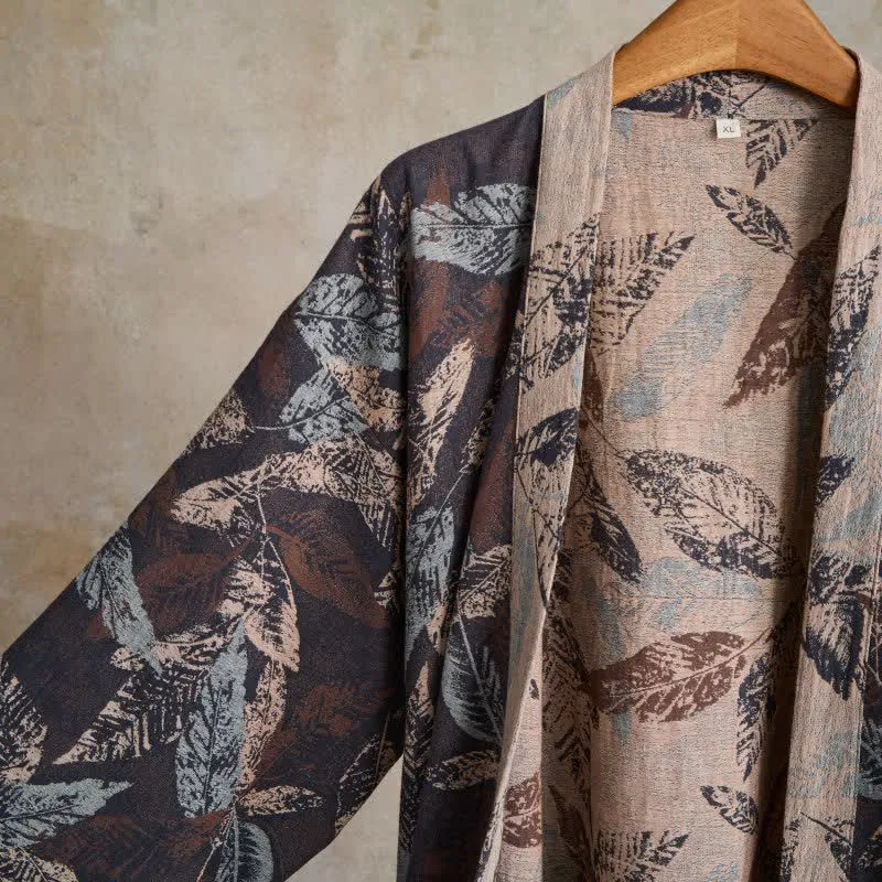 Kimono-Bademantel aus Baumwollgaze mit Blattjacquardmuster