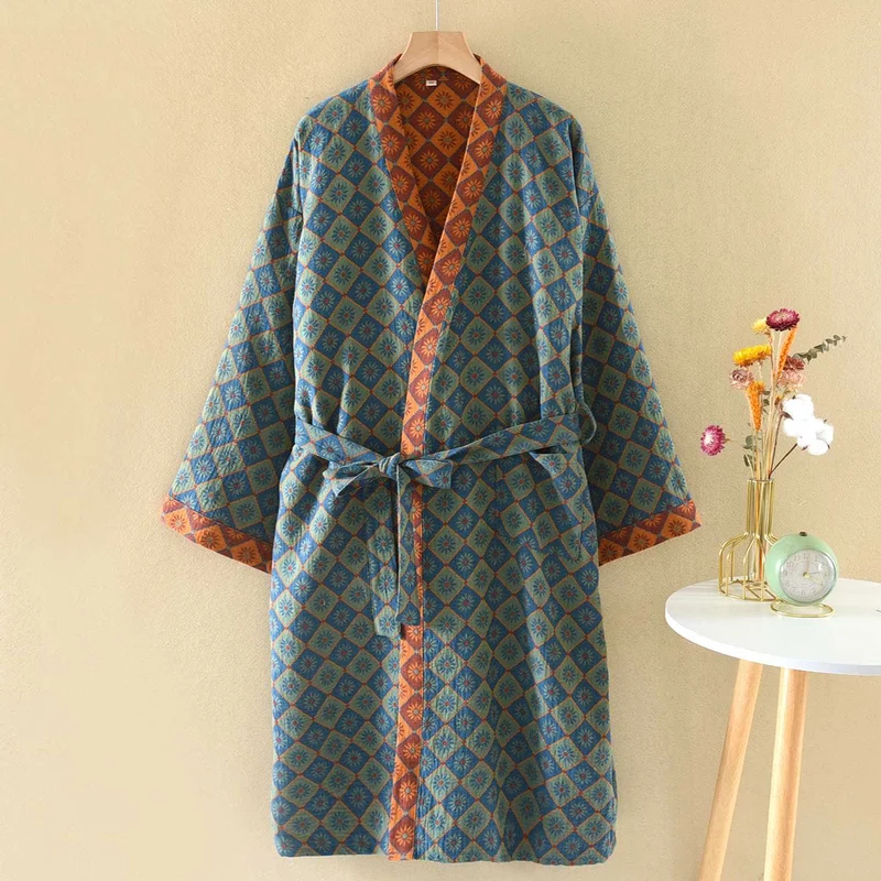 Retro-Kimono aus Baumwolle mit geometrischem Rautenmuster