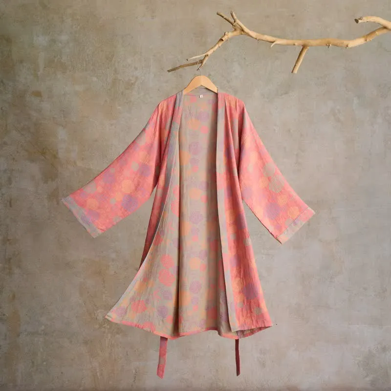 Romantischer Kimono-Bademantel aus Baumwollgaze mit Rosenmuster