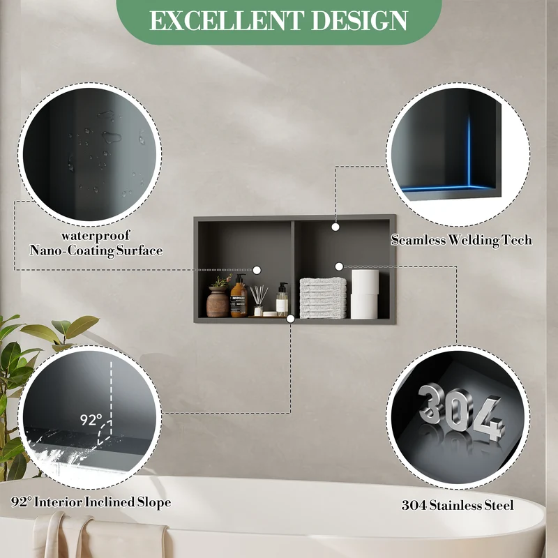Garvee Nicchia Doccia in Acciaio Inox 30x61 cm Nero per Bagno Moderno, Drenaggio Ottimale, Facile Installazione