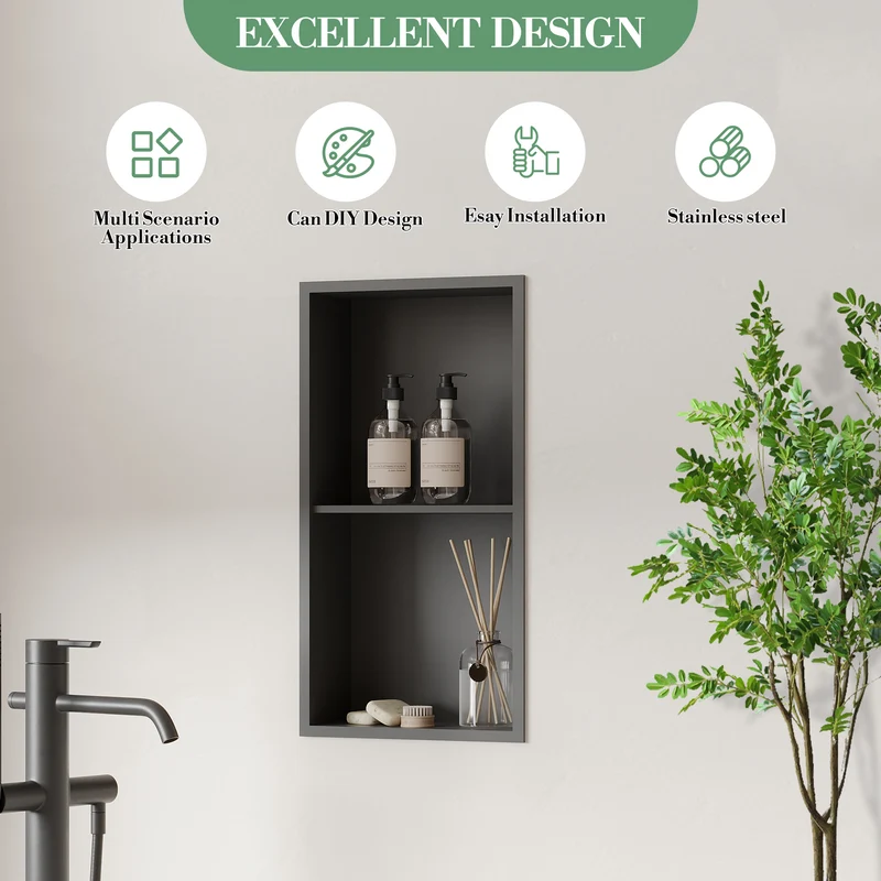 Garvee Nicchia Doccia in Acciaio Inox 30x61 cm Nero per Bagno Moderno, Drenaggio Ottimale, Facile Installazione