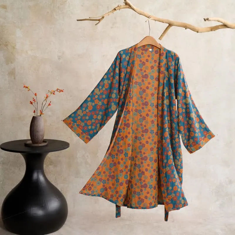 Ownkoti Vintage Kimono-Bademantel aus Baumwolle mit floralem Jacquardmuster