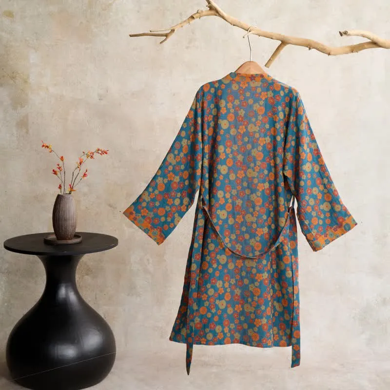 Ownkoti Vintage Kimono-Bademantel aus Baumwolle mit floralem Jacquardmuster