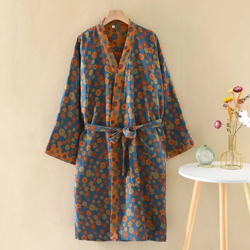 Ownkoti Vintage Kimono-Bademantel aus Baumwolle mit floralem Jacquardmuster
