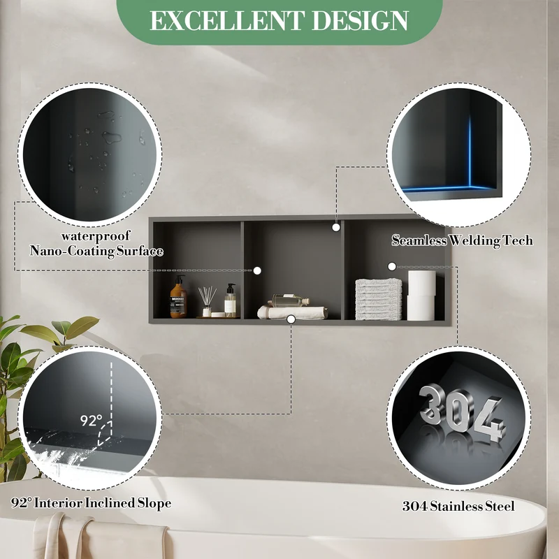 Nicchia Doccia Garvee in Acciaio Inox 30,5x91,4 cm, 3 Ripiani, Nero, Organizzatore Incassato per Bagno, Design Moderno Impermeabile