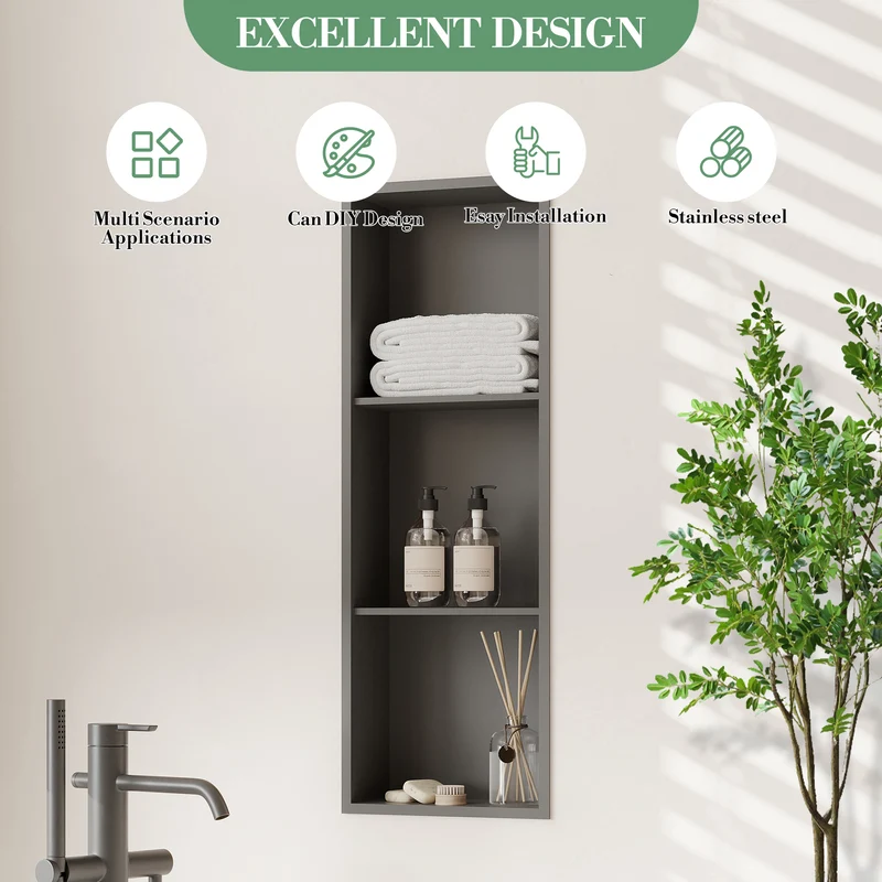 Nicchia Doccia Garvee in Acciaio Inox 30,5x91,4 cm, 3 Ripiani, Nero, Organizzatore Incassato per Bagno, Design Moderno Impermeabile