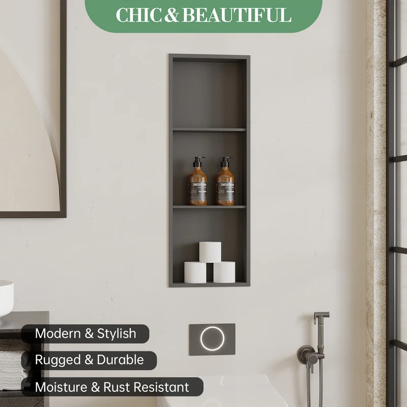 Nicchia Doccia Garvee in Acciaio Inox 30,5x91,4 cm, 3 Ripiani, Nero, Organizzatore Incassato per Bagno, Design Moderno Impermeabile