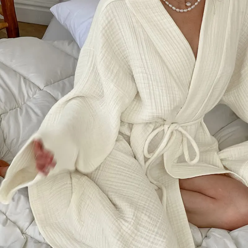 Beige Kimono-Bademantel aus reiner Baumwolle
