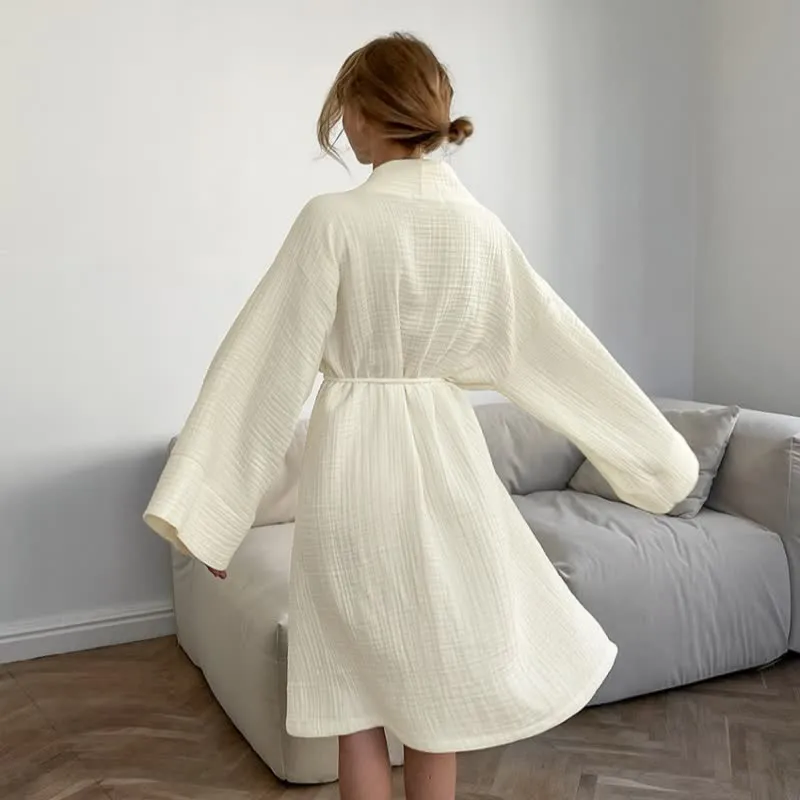 Beige Kimono-Bademantel aus reiner Baumwolle