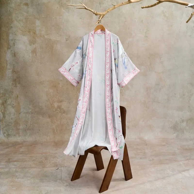 Bademantel im Kimono-Stil mit Pfirsichblüten- und Vogelmotiv