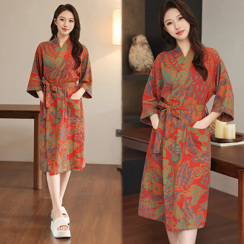 Kimono-Bademantel aus doppellagigem Baumwollgewebe mit Blumenmuster