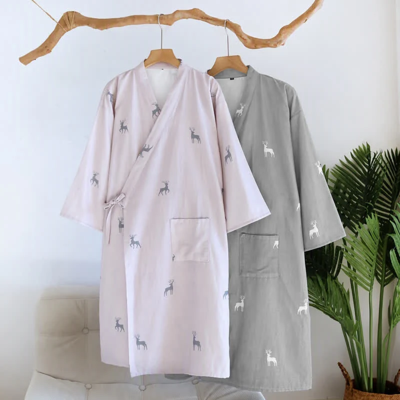 Kimono-Bademantel aus Baumwollgaze mit Hirschmotiv für Paare