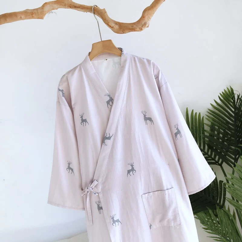 Kimono-Bademantel aus Baumwollgaze mit Hirschmotiv für Paare