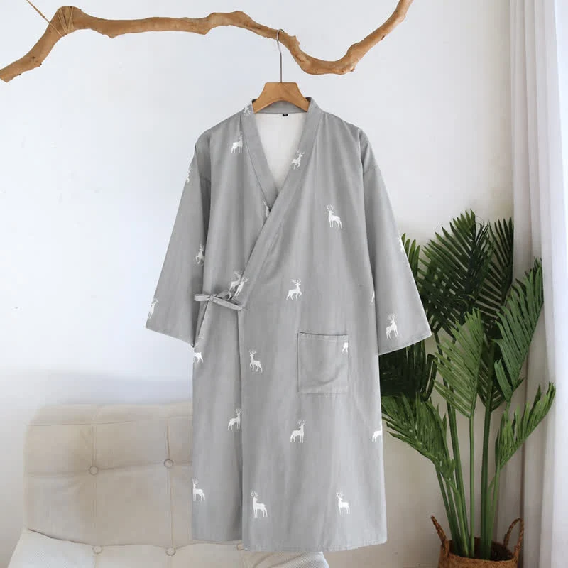 Kimono-Bademantel aus Baumwollgaze mit Hirschmotiv für Paare