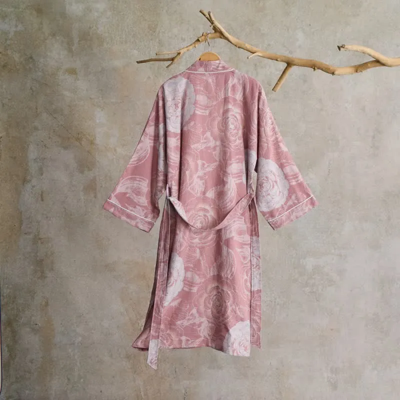 Luxuriöser Kimono-Bademantel aus reiner Baumwolle mit Pfingstrosenmuster