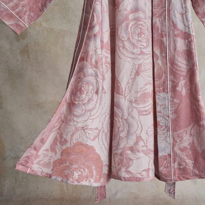 Luxuriöser Kimono-Bademantel aus reiner Baumwolle mit Pfingstrosenmuster