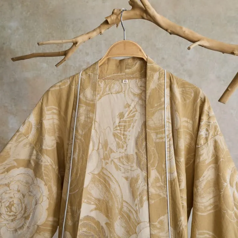 Luxuriöser Kimono-Bademantel aus reiner Baumwolle mit Pfingstrosenmuster