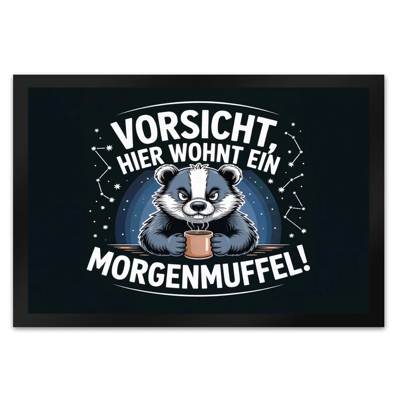 Vorsicht, hier wohnt ein Morgenmuffel! Fußmatte in 35x50 cm Dachs mit Kaffeebecher