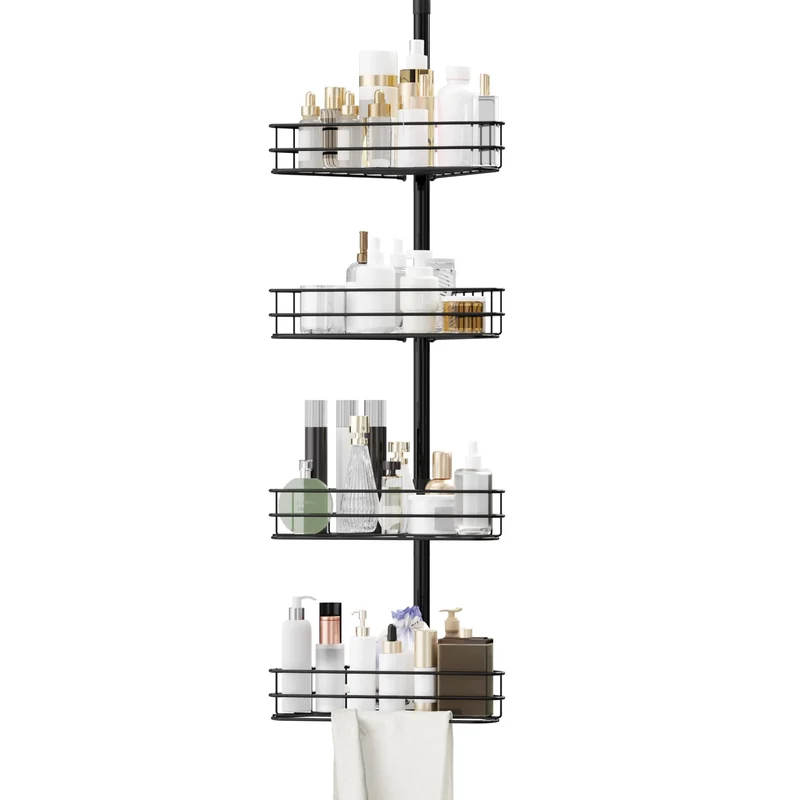 Garvee Organizer Angolare per Doccia con Asta Regolabile 193-279 cm, 4 Ripiani Antiruggine, Barre Porta Asciugamani, Nero, per Bagno
