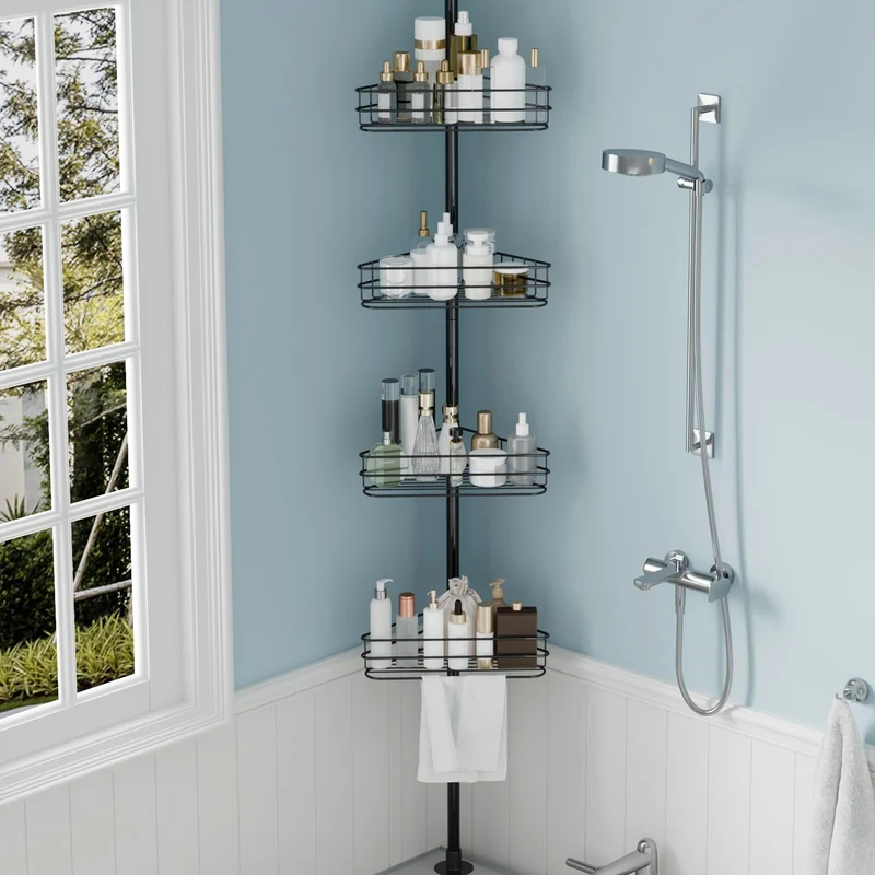 Garvee Organizer Angolare per Doccia con Asta Regolabile 193-279 cm, 4 Ripiani Antiruggine, Barre Porta Asciugamani, Nero, per Bagno