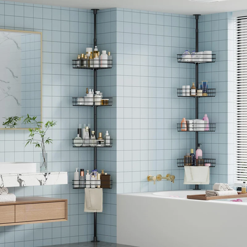Garvee Organizer Angolare per Doccia con Asta Regolabile 193-279 cm, 4 Ripiani Antiruggine, Barre Porta Asciugamani, Nero, per Bagno