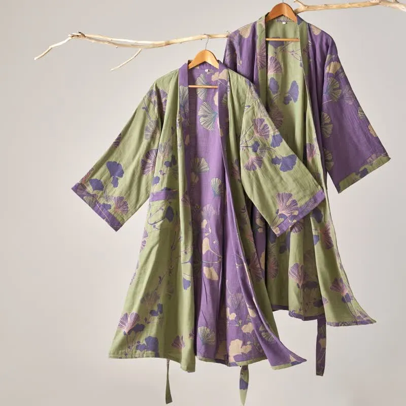 Kimono-Bademantel aus Baumwollgaze und Ginkgo