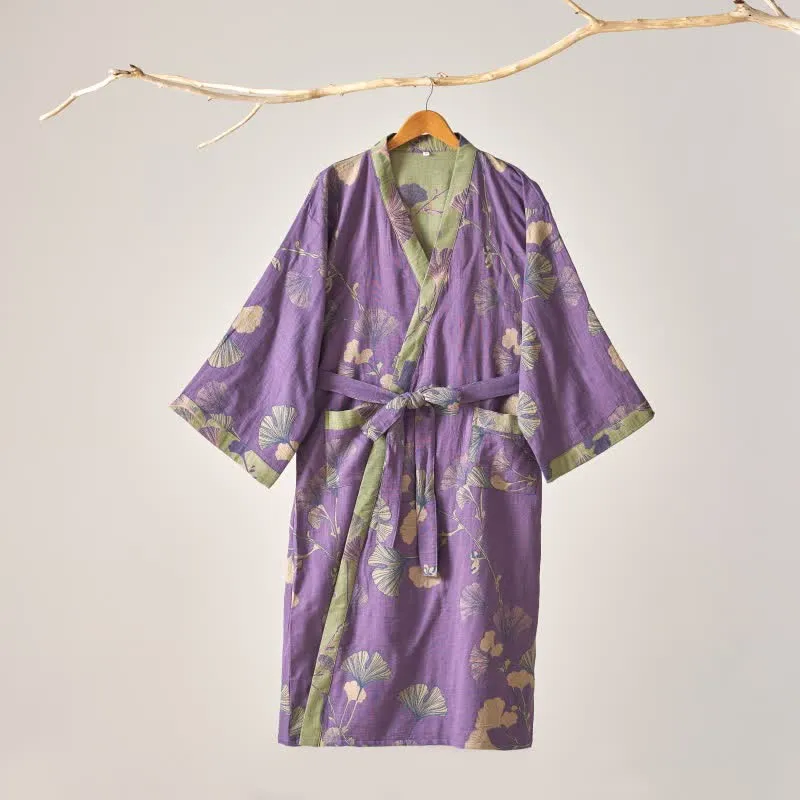 Kimono-Bademantel aus Baumwollgaze und Ginkgo
