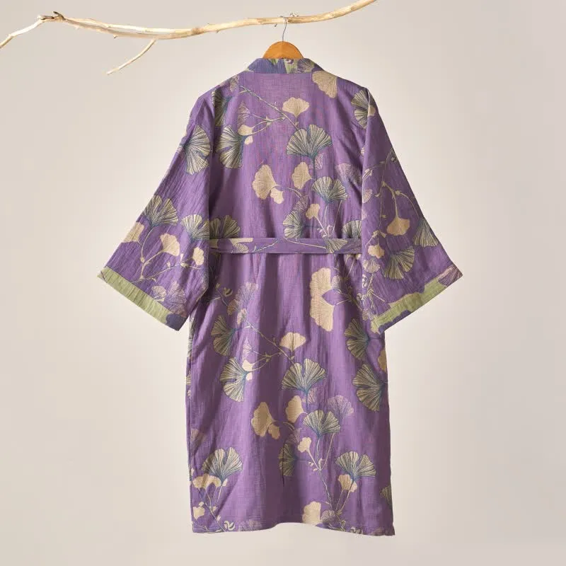 Kimono-Bademantel aus Baumwollgaze und Ginkgo