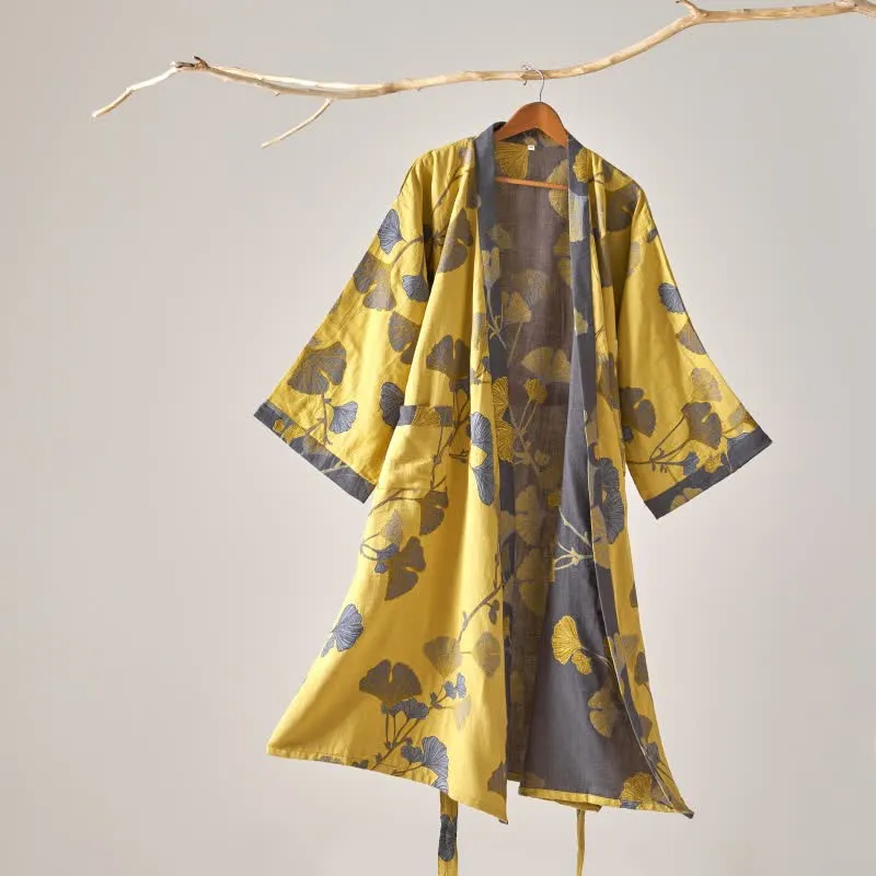 Kimono-Bademantel aus Baumwollgaze und Ginkgo