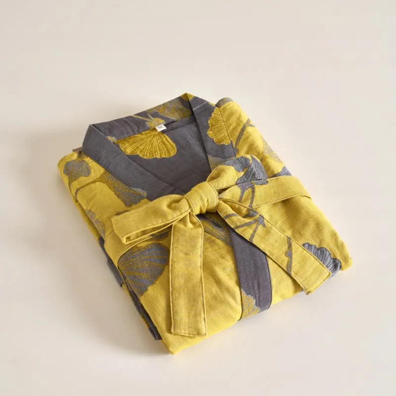 Kimono-Bademantel aus Baumwollgaze und Ginkgo