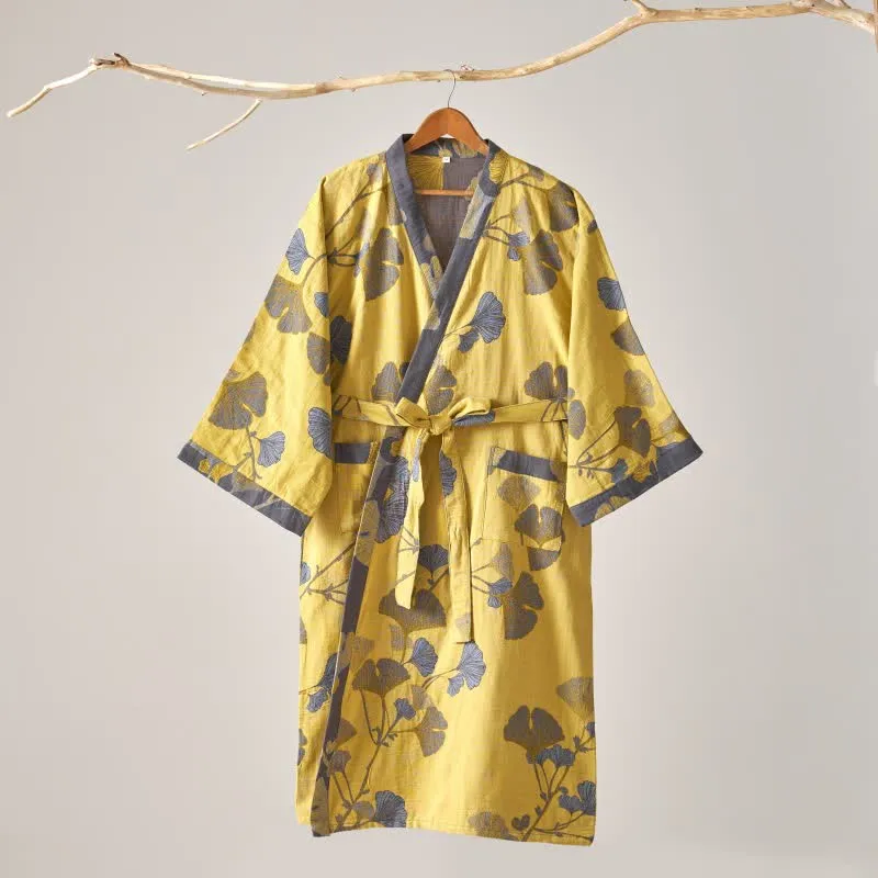 Kimono-Bademantel aus Baumwollgaze und Ginkgo