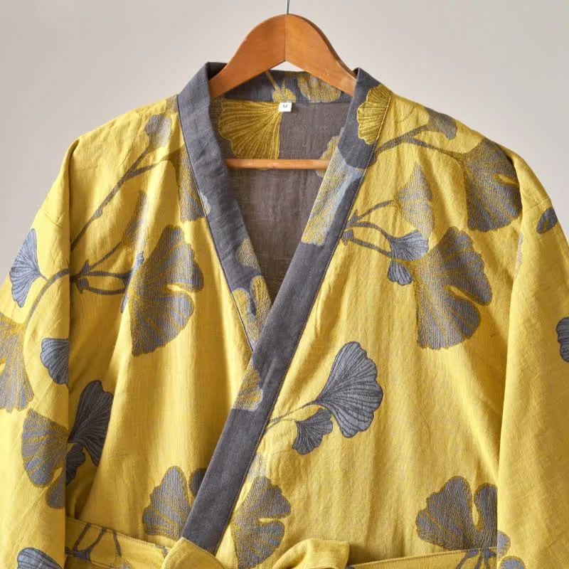 Kimono-Bademantel aus Baumwollgaze und Ginkgo