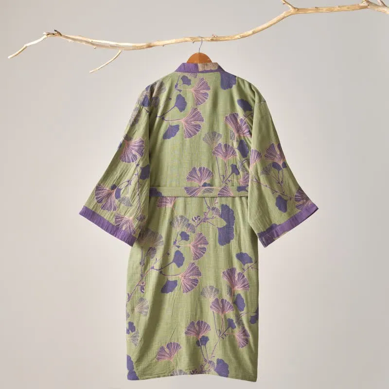 Kimono-Bademantel aus Baumwollgaze und Ginkgo
