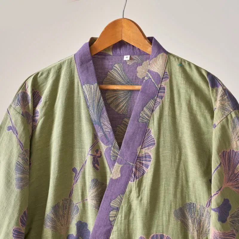 Kimono-Bademantel aus Baumwollgaze und Ginkgo