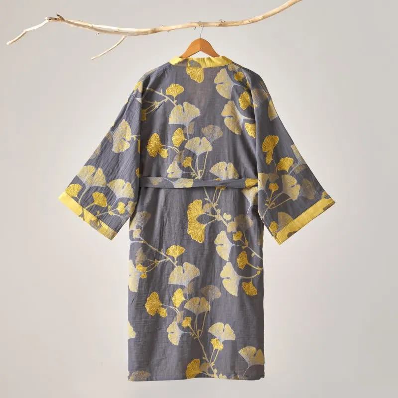 Kimono-Bademantel aus Baumwollgaze und Ginkgo