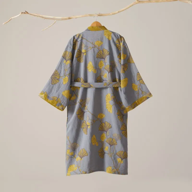 Kimono-Bademantel aus Baumwollgaze und Ginkgo