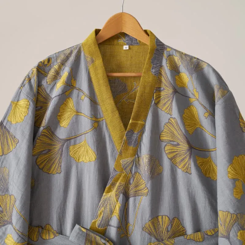 Kimono-Bademantel aus Baumwollgaze und Ginkgo