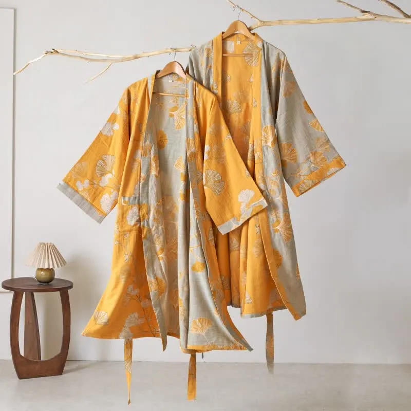 Kimono-Bademantel aus Baumwollgaze und Ginkgo