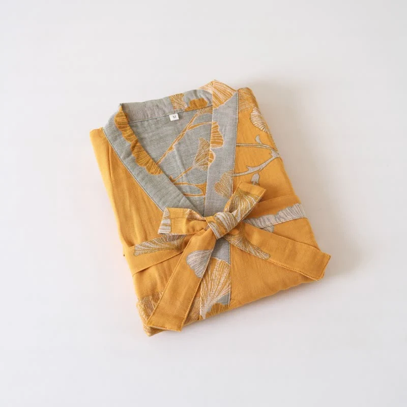 Kimono-Bademantel aus Baumwollgaze und Ginkgo