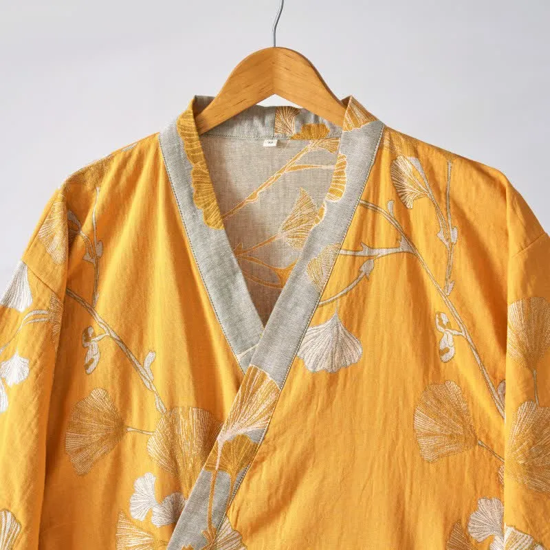 Kimono-Bademantel aus Baumwollgaze und Ginkgo