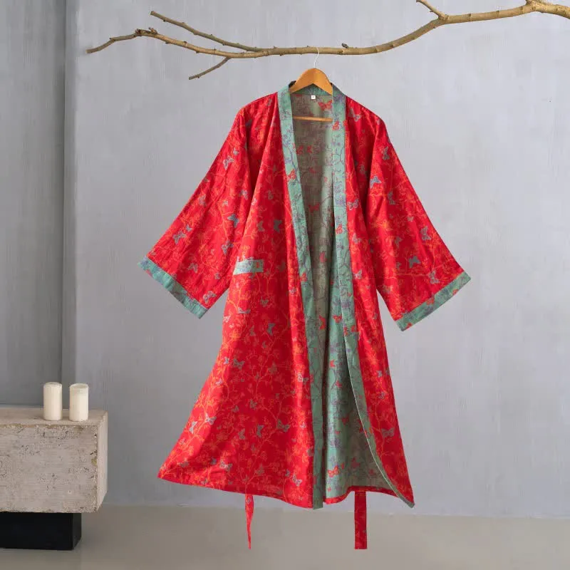 Ownkoti Kimono-Bademantel aus Baumwollgaze im Vintage-Schmetterlingsstil