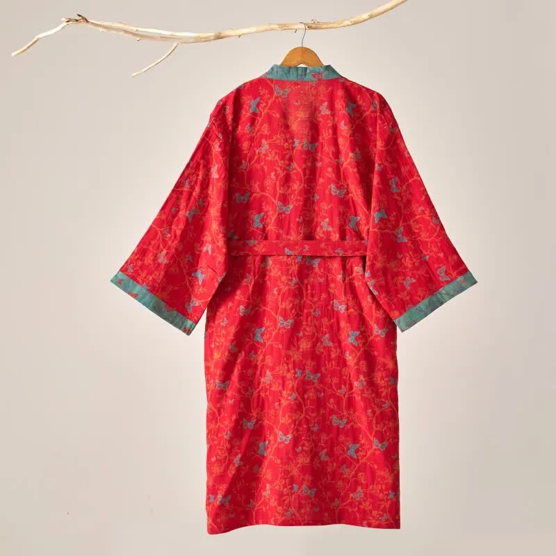 Ownkoti Kimono-Bademantel aus Baumwollgaze im Vintage-Schmetterlingsstil