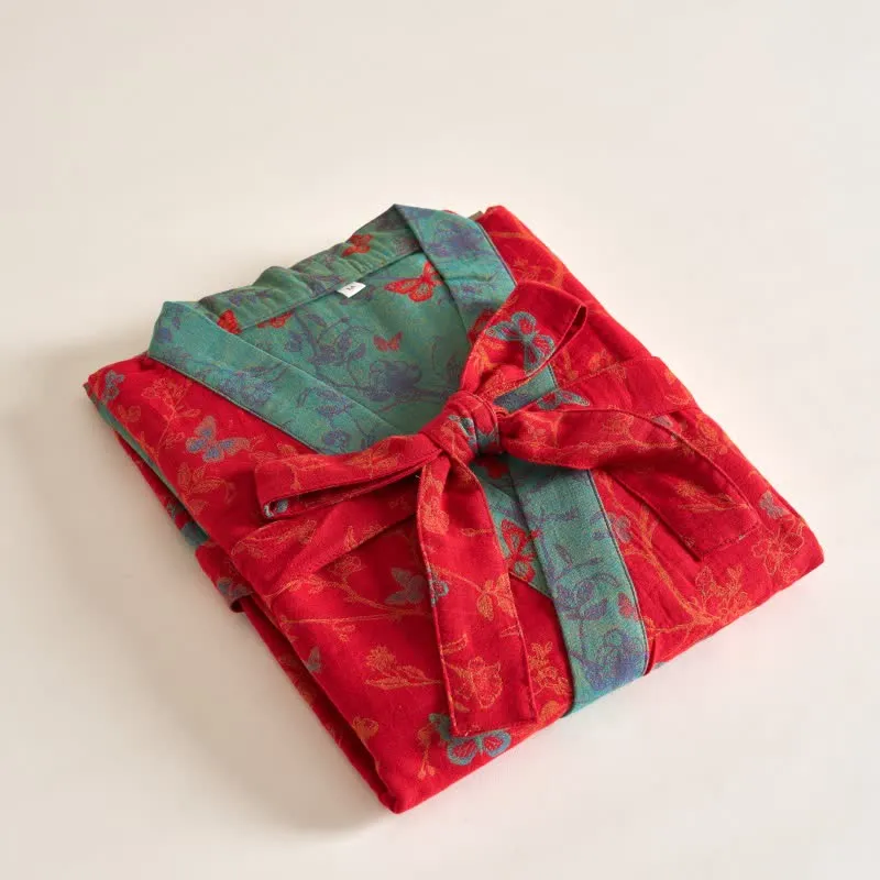 Ownkoti Kimono-Bademantel aus Baumwollgaze im Vintage-Schmetterlingsstil