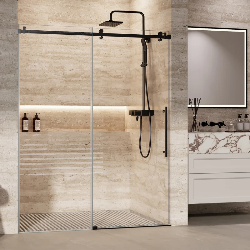 Garvee Porta Doccia Scorrevole 142-152x183 cm Vetro Temperato 8mm Senza Telaio Nero Per Bagno Moderno Regolabile