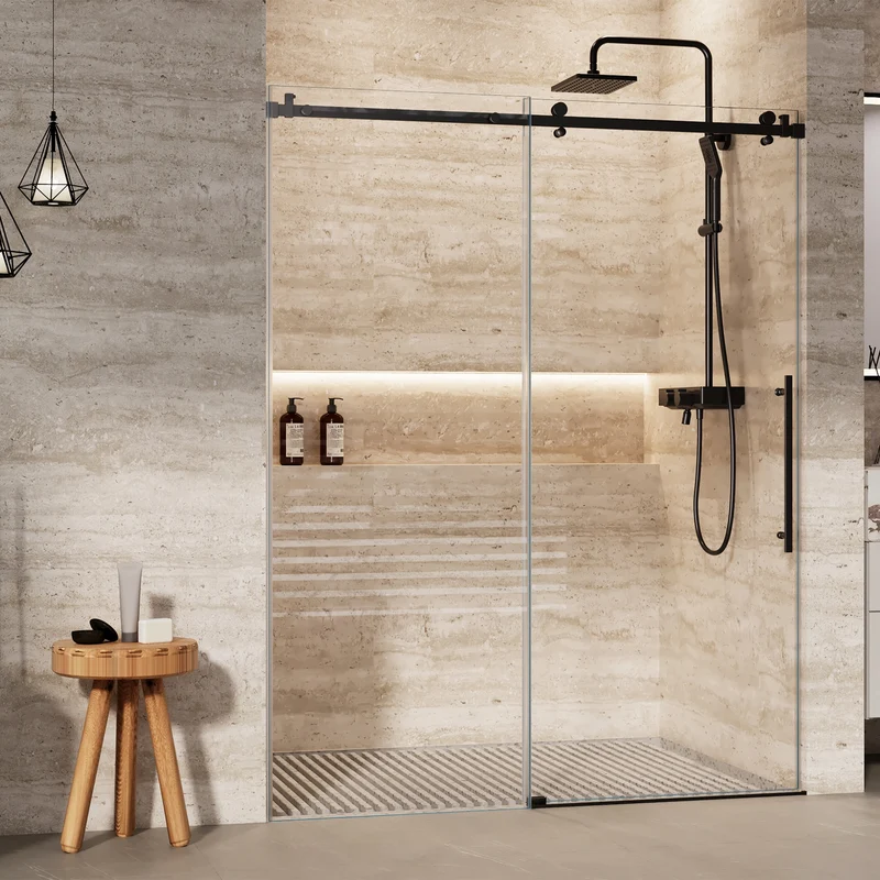 Garvee Porta Doccia Scorrevole 142-152x183 cm Vetro Temperato 8mm Senza Telaio Nero Per Bagno Moderno Regolabile